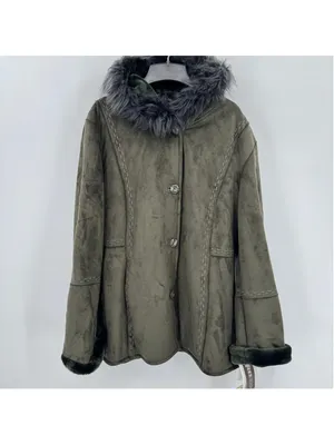 Olive Green Hooded Penny Lane Jacket Faux Shearling Fur Lined Embroidery XL NEW thumbnail 2