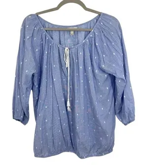 J. Crew Blue Peasant Top Polka Dot Gauzy Tie Neck Tassel‎ 3/4 Puff Sleeve Size M thumbnail 1