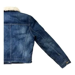 Levi’s Blue Denim Short Jacket Sherpa Lining Women Size M Cotton Button Front thumbnail 7