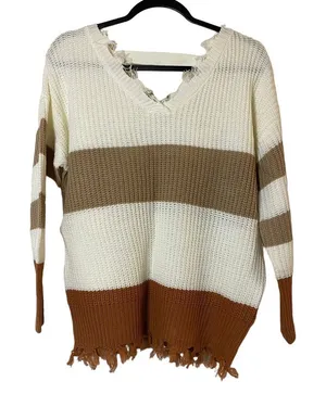 Moon & Madison Women's Striped‎ Distressed V-Neck Pullover Sweater Size XS thumbnail 1