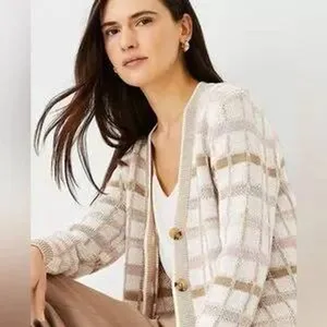 Ann Taylor Plaid Boyfriend Button Front Cardigan in Cream Small thumbnail 3