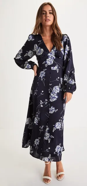 Lulus | Beautiful Details Navy Blue Floral Long Sleeve Midi Dress, M thumbnail 1