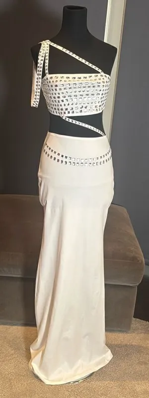Women’s White Sparkly BodyCon 2 Piece Party Club Outfit Size M NEW *READ thumbnail 1