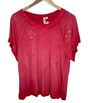Cable & Gauge Womens Red Metallic Gold Star Print Festive T-Shirt Size Large thumbnail 1