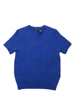 NWT Polo Ralph Lauren Cable-Knit Cotton Short-Sleeve Sweater in Blue M thumbnail 2