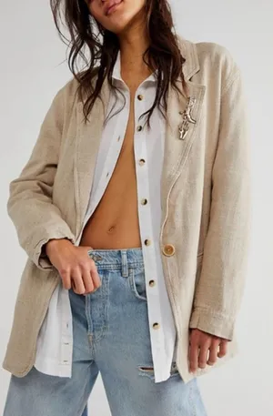 We‎ The Free Oversized Linen Blend Beckett Boyfriend Blazer Jacket in Oatmeal XS thumbnail 1