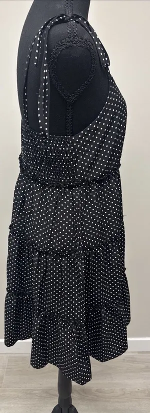 Greath Black White Polka Dot Tiered Midi Dress Tie Strap Womens Medium thumbnail 3