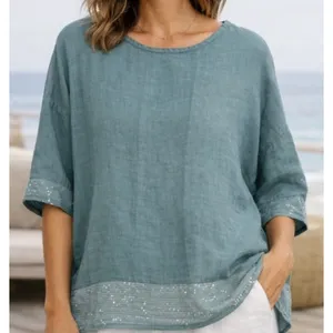 Bellambra Made in Italy Linen Sequin Trim Top Sage Green Relaxed L Large thumbnail 1