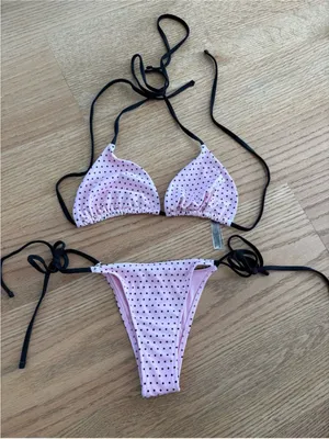 Frankie's Bikinis Pink Polka Dot String Bikini with Black Ties thumbnail 1