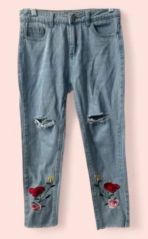 Womens Shadow Jeans Y2K Embroidered Rose Distressed Crop Jeans Light Wash Size L thumbnail 1