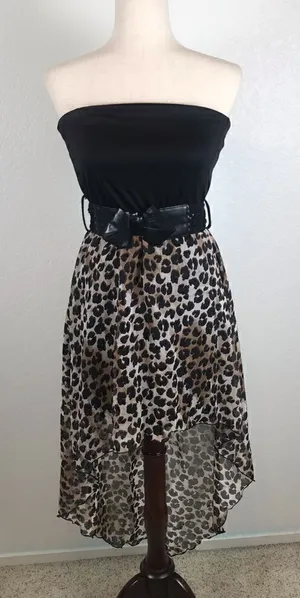 Vintage Y2K strapless bow embellished belted Hi/low leopard print mini dress‎ thumbnail 1