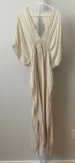 Indah Rayon Boho Beachy Coastal Flowy Striped Smocked Maxi Dress S/M Tan White thumbnail 1