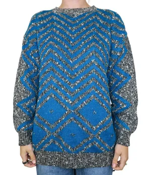 Vintage 80s Geometric Blue and Gray Zig Zag Sweater thumbnail 1