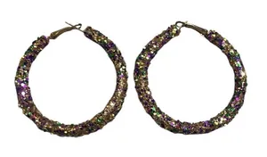 Sparkle Mardi Gras Purple Green‎ Gold Bling Hoop Earrings NWOT Party Sequins thumbnail 1
