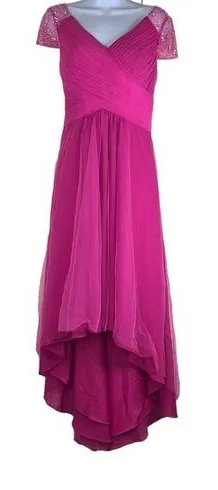 JJs House Hot Pink Formal Ballgown Dress Hi Low Beaded Cap‎ Sleeves Barbie Prom thumbnail 1