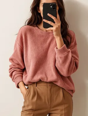Aerie Pink Waffle Knit Sweater Cozy Minimalist Loungewear Oversized Small‎ thumbnail 1