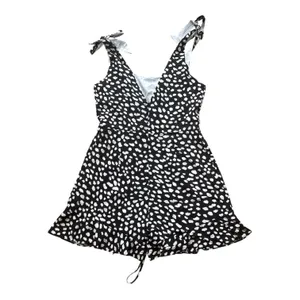 Black White Polka Dot Romper Tie Shoulder Ruffle Hem Sleeveless Sunsuit S thumbnail 3