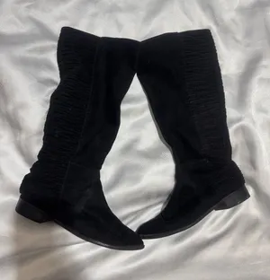 Kelly & Katie Black Suede Over-The-Knee Boots with Ruched Side Panels thumbnail 1