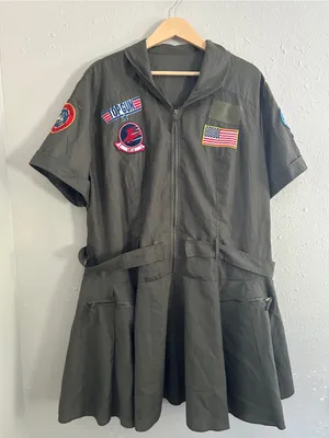 Leg Avenue Top Gun Halloween Olive Green Utility Patch Zip-Front Dress 3X 4X thumbnail 2
