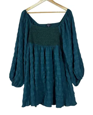 VICI Smocked Textured Babydoll Balloon Sleeve Tunic Top Teal Boho Size Medium thumbnail 1