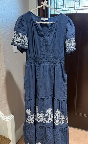 Polagram Navy Maxi Dress with White Embroidery thumbnail 1
