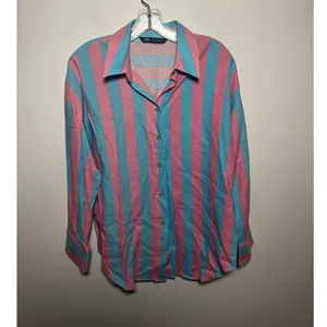 Zara Pink Blue Striped Long Sleeve Button Up Dress Shirt Size S Small thumbnail 3