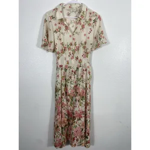 Figueroa & Flower Boho Shirt Dress Medium Beige Floral Cottagecore Retro Prairie thumbnail 3