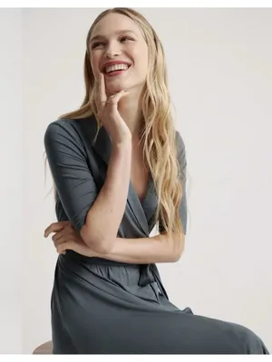 Quince Tencel Jersey Midi Wrap Dress Dark Olive Green Size L thumbnail 6