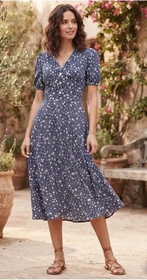 Droimp Blue Floral Print‎ Button Up V Neck Short Sleeve Midi Dres M thumbnail 1