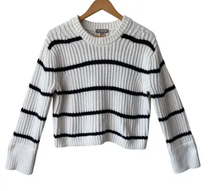 J.Crew Women 100% Cotton Sweater S White Blue Striped Cropped Pullover Nauica thumbnail 1