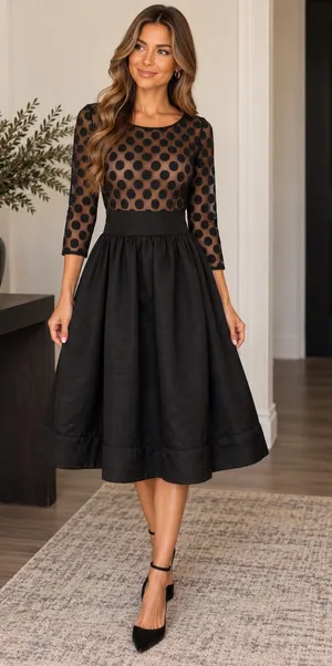 Eliza J Size 8 Black Polka Dot Mesh Fit & Flare Cocktail Dress thumbnail 1