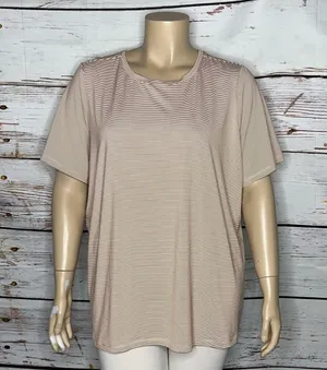 Denim & Co. Size 3X Tan & White Stripe Crew Neck Cool to Touch Jersey Blouse Top thumbnail 1