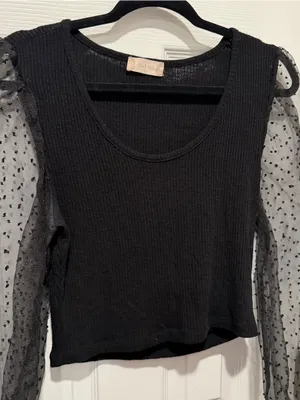 Altar'd State Black Sheer Swiss Dot Puff Sleeve Top Size Large thumbnail 1