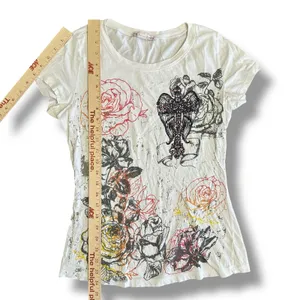Y2K Graphic Rose Cross Tee‎ Appropriate Behavior White Distressed Glitter S/M thumbnail 4
