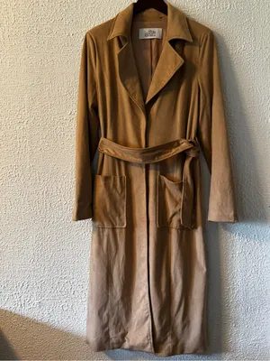 Badgley Mischka Tan Faux Suede Camel Long Belted Trench Coat thumbnail 2