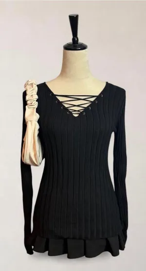 Black Lace Up Ribbed Long Sleeve Top Size L Y2K Whimsigoth Soft Goth thumbnail 1
