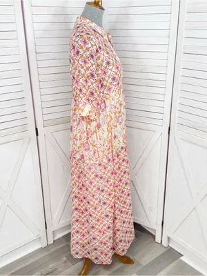 Dolma Kelly Floral Boho Tiered Midi Dress Pink Orange Large Cotton Mosaic thumbnail 4