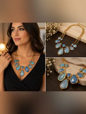 Flashy Blue Opalescent Statement Necklace Double Strand Gold Tone Bauble Collar thumbnail 2