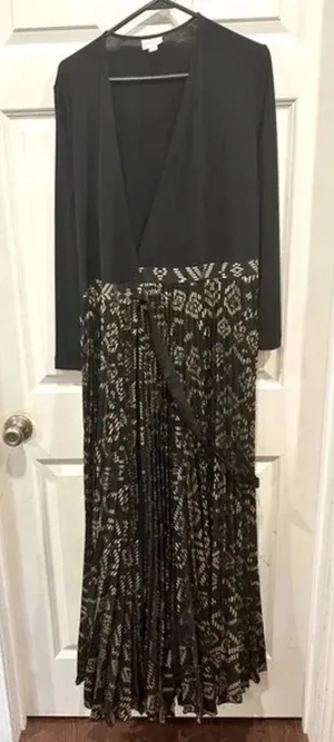 LuLaRoe‎ Black Gold Metallic Geometric Pleated Maxi Dress Small Long Sleeve Wrap thumbnail 1
