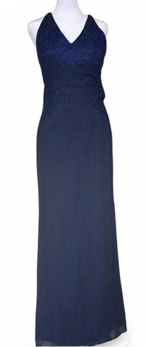 Scala Y2K Midnight Blue Silk Beaded Backless Halter Gown thumbnail 1