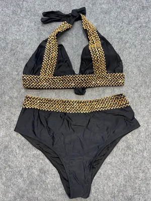 Sexy High Waist Halter V Neck Bathing Suit Tie Back Tummy Control Swimwear thumbnail 1