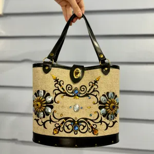 Vintage 60s Enid Collins Style Jeweled Floral Canvas Bucket Bag Purse thumbnail 1