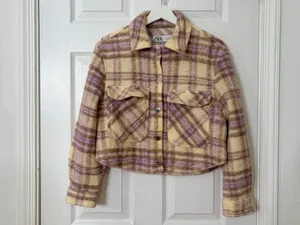 Zara Cream Purple Plaid Cropped Shacket Jacket Size S Fuzzy Cozy Fall Layer Preppy thumbnail 2