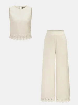 CoMMENSE Cotton Linen Lace Trim Two-Piece Pants Set Size XS NWT thumbnail 2