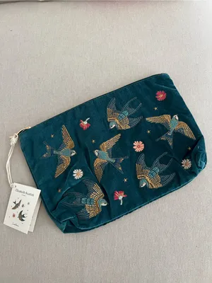 Elizabeth Scarlett Swallows Bird Rich Blue Velvet Embroidered Everyday Pouch New thumbnail 3