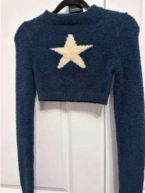 Edikted Navy Blue Fuzzy Star Cropped Sweater Long Sleeve XS Y2K Cozy Knit thumbnail 1