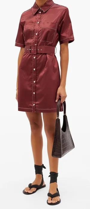 STAUD Bentley Burgundy Satin Short Sleeve Belted Mini Shirt‎ Dress Size M thumbnail 1