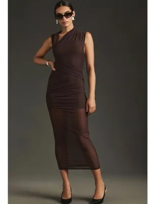 MISHA COLLECTION Tillie Asymmetric Mesh Midi Dress Umber Brown thumbnail 3