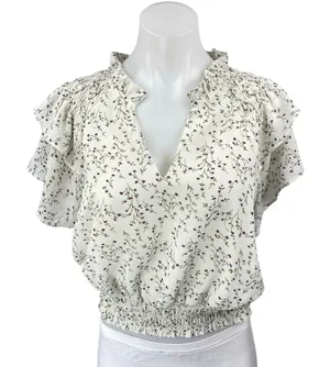Edit By Nine White Floral Tiered Flutter Short Sleeve Smocked Shirt Blouse Top M thumbnail 1