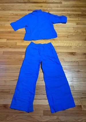 Zara Linen Matching set button shirt Coord wide pant drawstring lounge blue M thumbnail 1